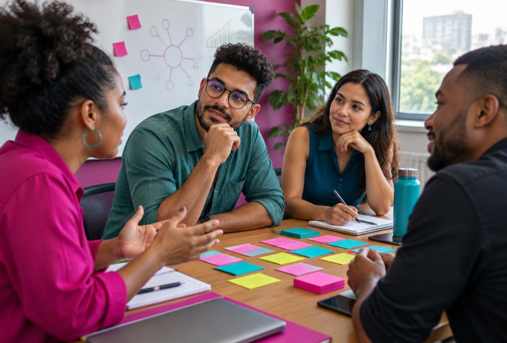 Equipe conversa sobre ideias em uma mesa de trabalho