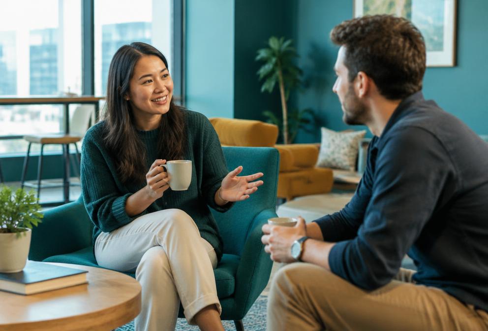 Dois colegas conversam com café em uma área de descanso do escritório