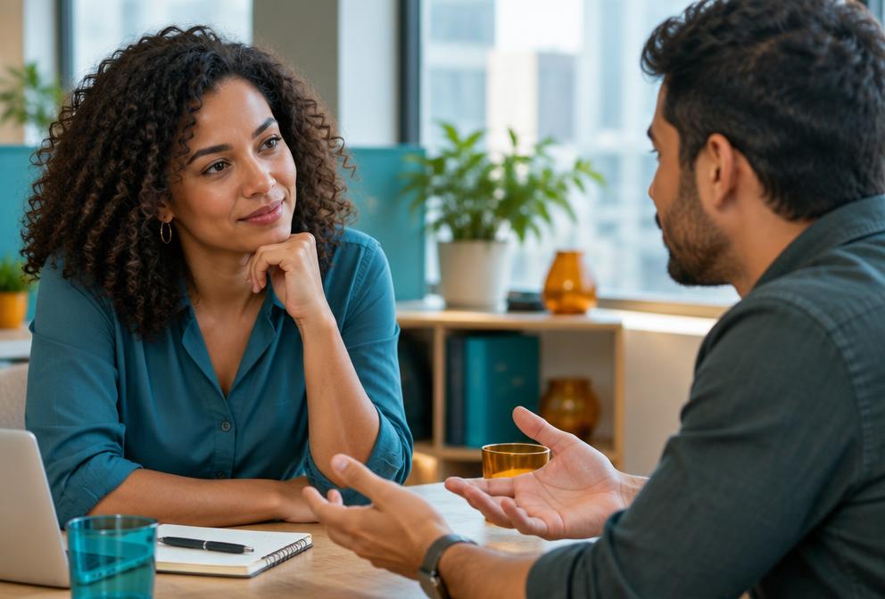 Colegas conversam e praticam escuta no ambiente de trabalho