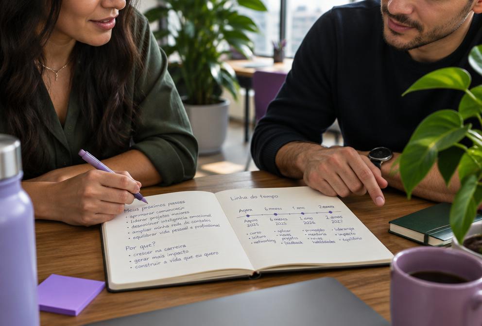 Colegas organizam objetivos de desenvolvimento em um caderno