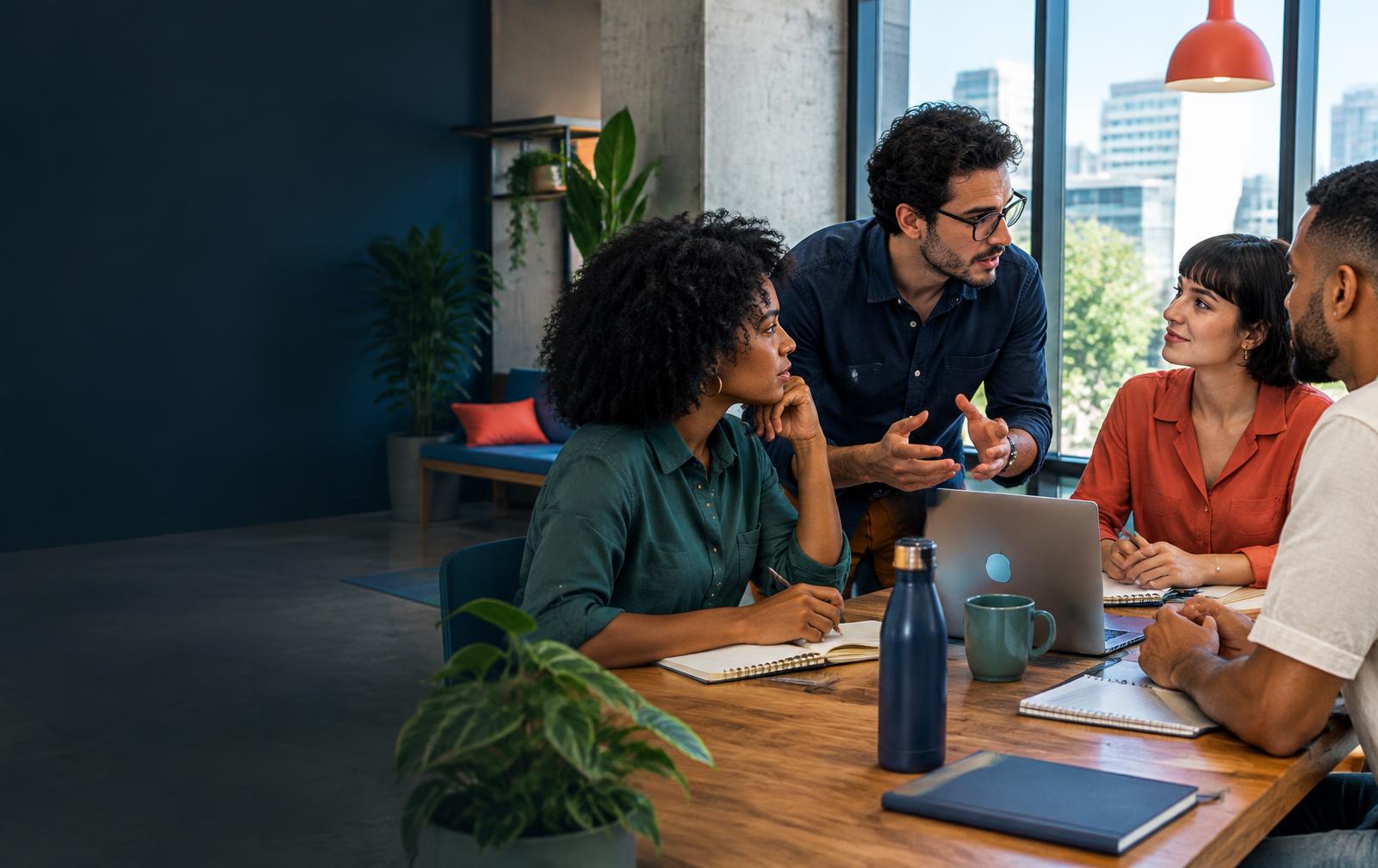 Equipe em conversa sobre o trabalho em uma sala de reunião