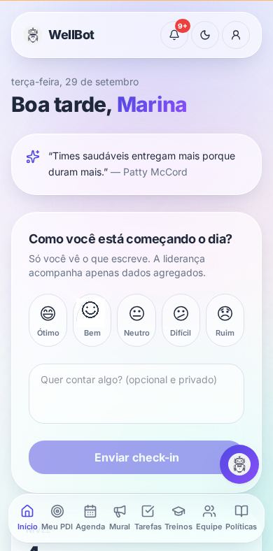 WellBot no celular, mostrando check-in de bem-estar para colaborador